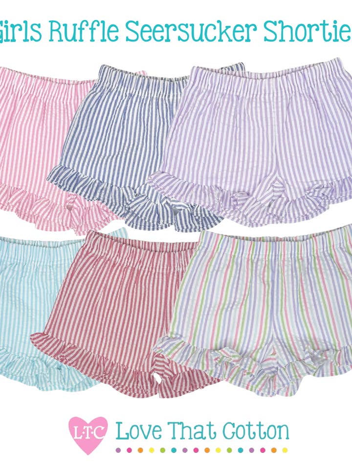 Shorties en seersucker à volant simple pour filles pour la vente par Love That Cotton