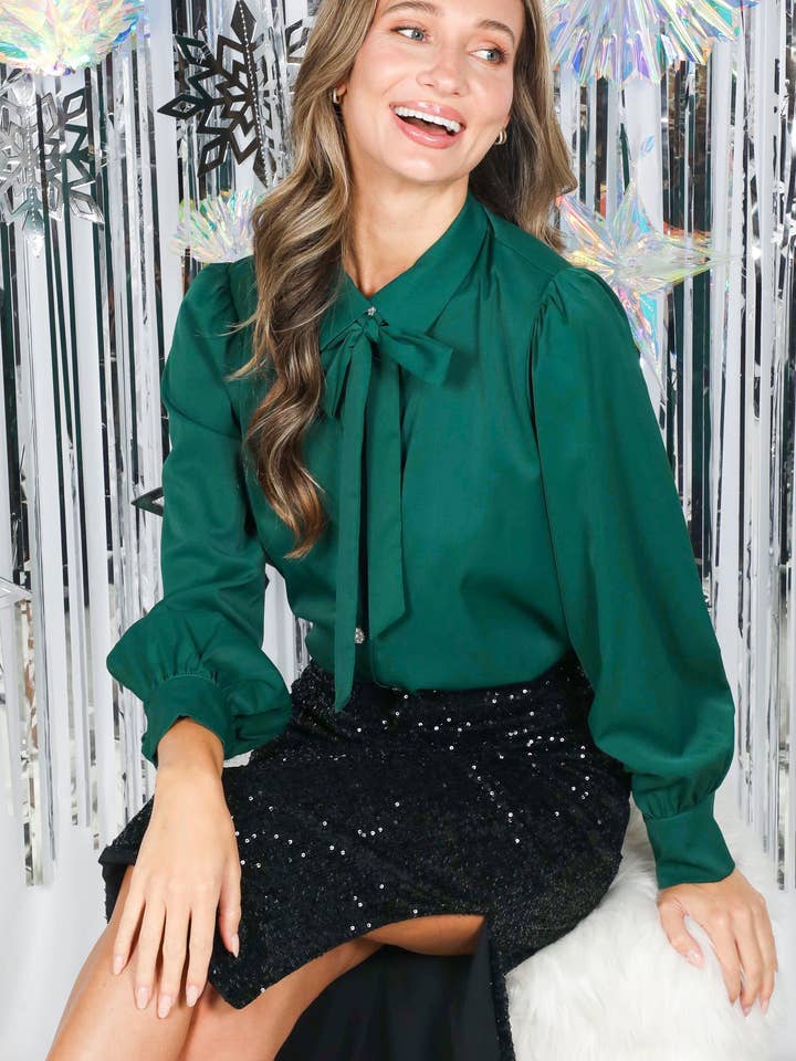 Collared Tie Neck Pearl Button Detail Woven Blouse VT81416- for wholesale by Vine & Love