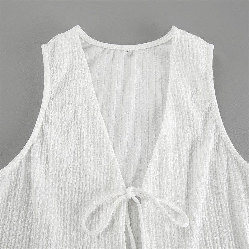 WHITE Bubble Texture Sleeveless Tie Waist Vest Hotpants Set for wholesale on Faire6