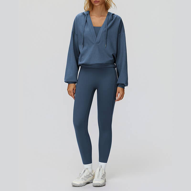 WONDERXFANS - Vendita all'ingrosso Completo sportivo - Donna - Giacca con cappuccio a V+Top sportivo+Leggings a vita alta18