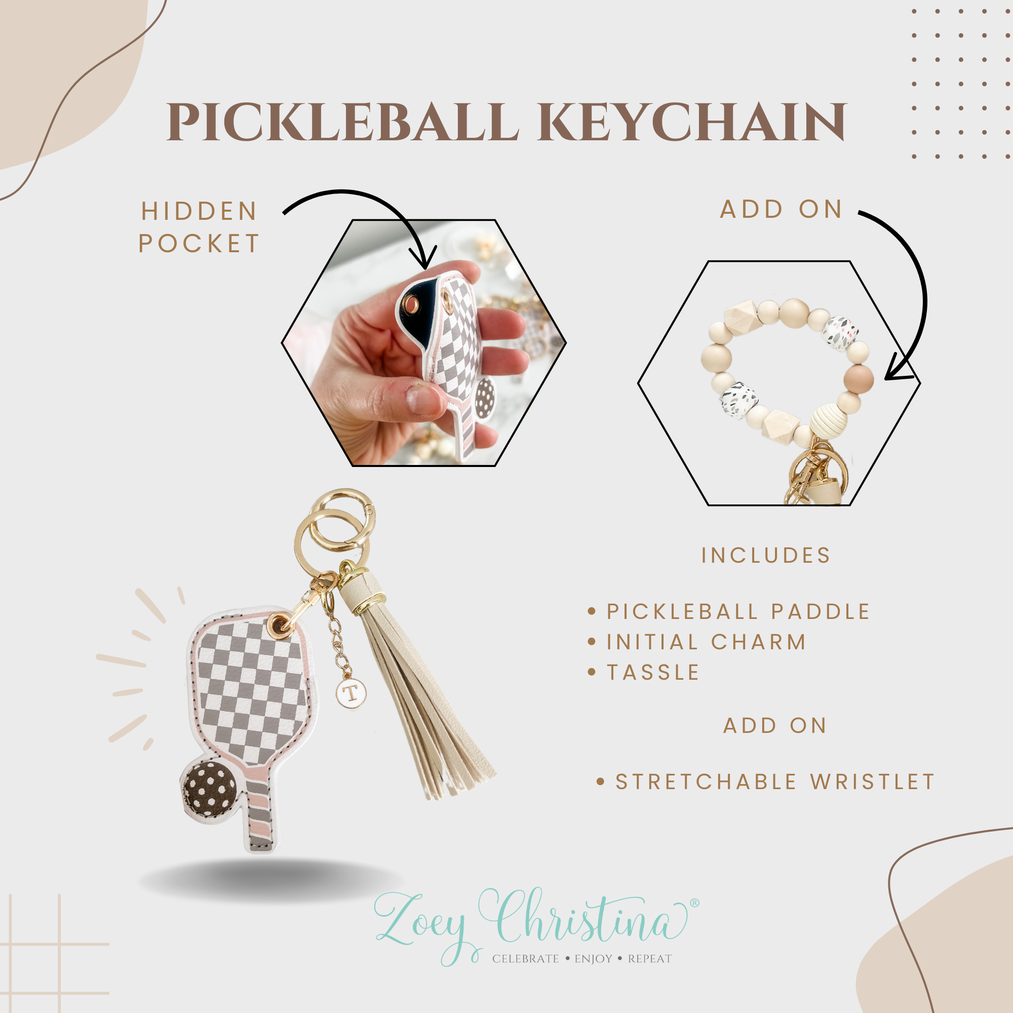 Zoey Christina - Wholesale Keychain - Women's - Pickleball Keychain – Neutral Colors with Optional Wristlet2