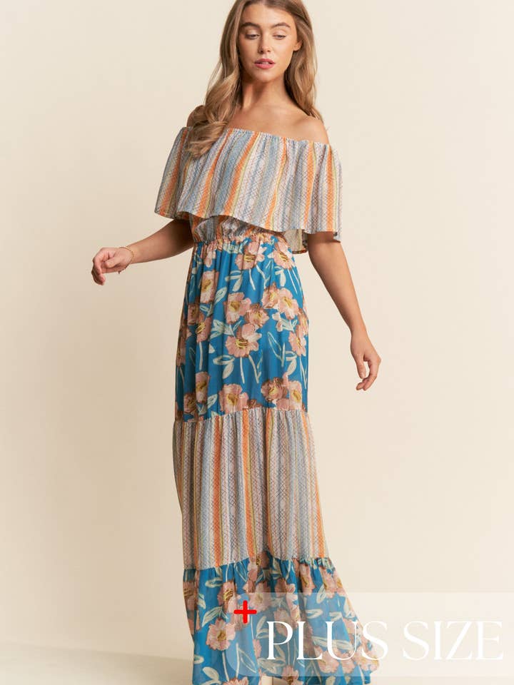 Spring Boho Floral Pattern Tiered Dress 1X-3X for wholesale on Faire