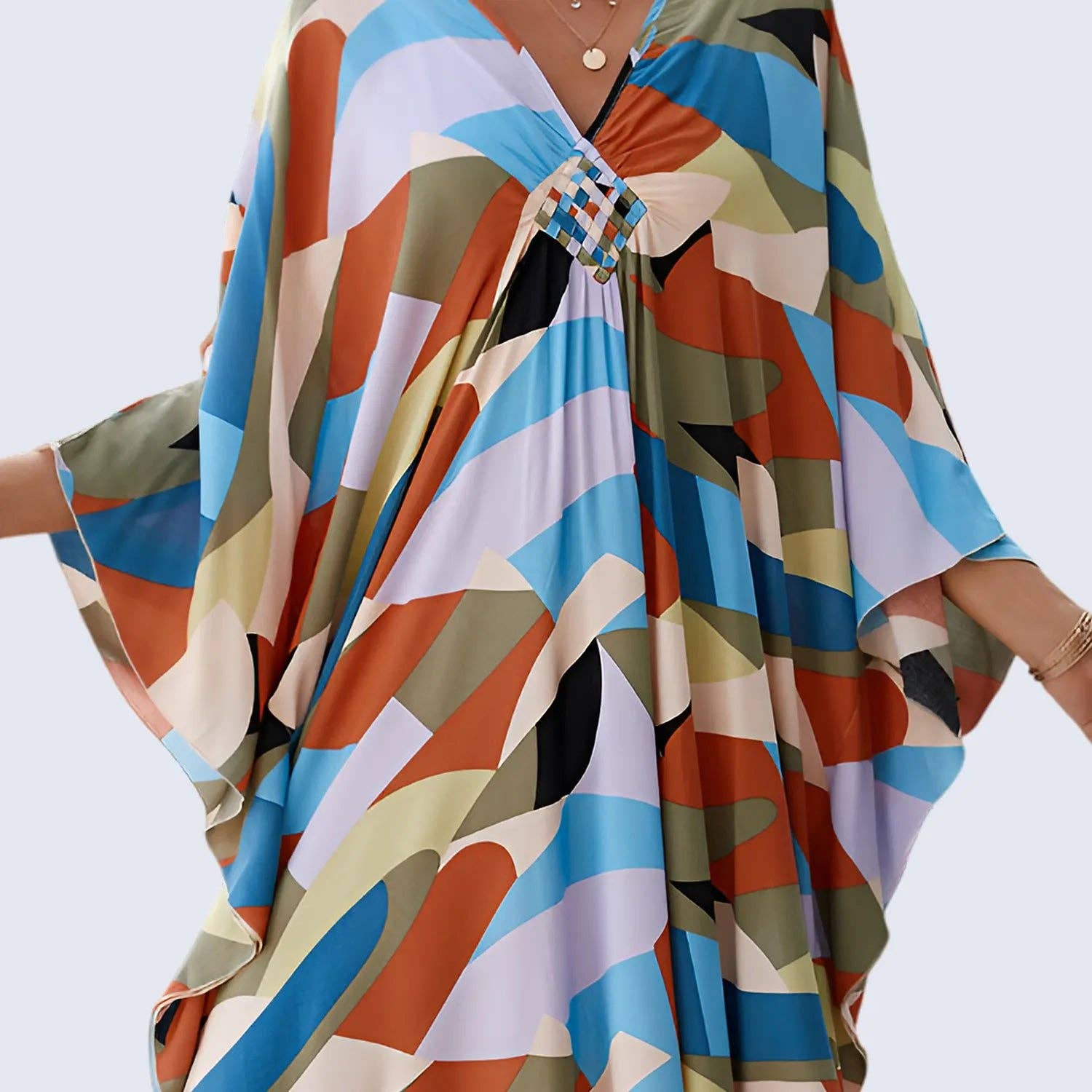 Muqeem & Brothers – Engroshandel Kaftan - Dame – Kaftan Sommerkjoler, Flettet V-hals - Hvid Palme, S-3XL4