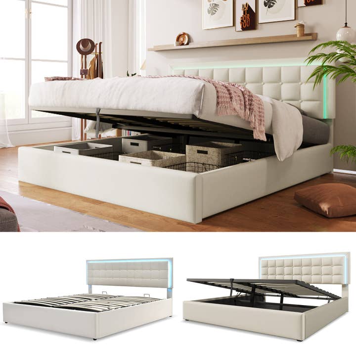 Urban Meuble - Wholesale Bed - White PU double storage bed with high padded headboard, LED lighting 160*200cm STUDDU33