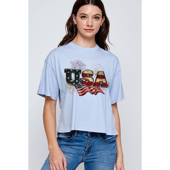 COLORBEAR – wholesale Screen printed t-shirt – Women′s – USA,AMERICAN FLAG RELAXED CROP TOP