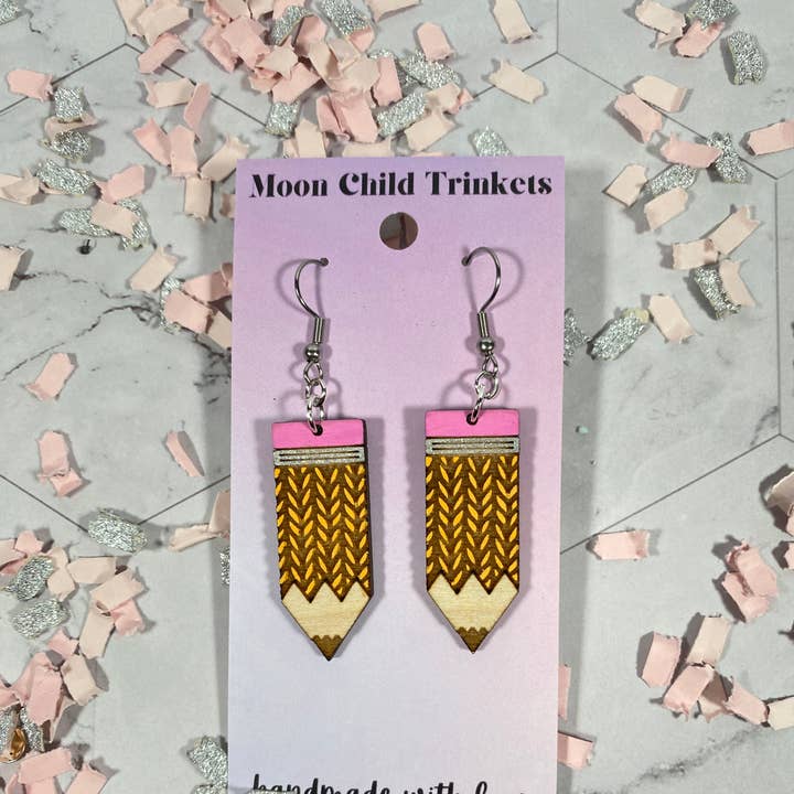 Chevron Print Pencil Hand Painted Wood Dangle Earrings for wholesale by Moon Child Trinkets