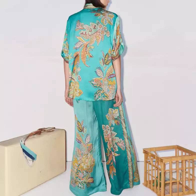 Set van twee stuks 2025 nieuwe vintage print satijnen set met retro chique en modern comfort voor groothandel op Faire10