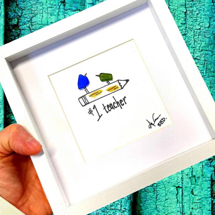 No.1 Teacher MINI - Sea Glass Art- 6x6 framed for wholesale by Back Bay Designs
