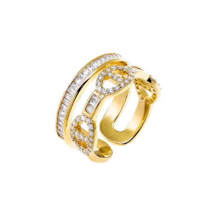 Gold Pave Mariner X Baguette Double Row Adjustable Ring for wholesale on Faire