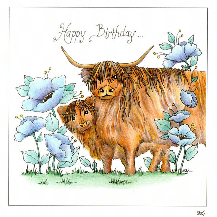 Happy Birthday Highland Cow and Calf for wholesale by Cheshire card company