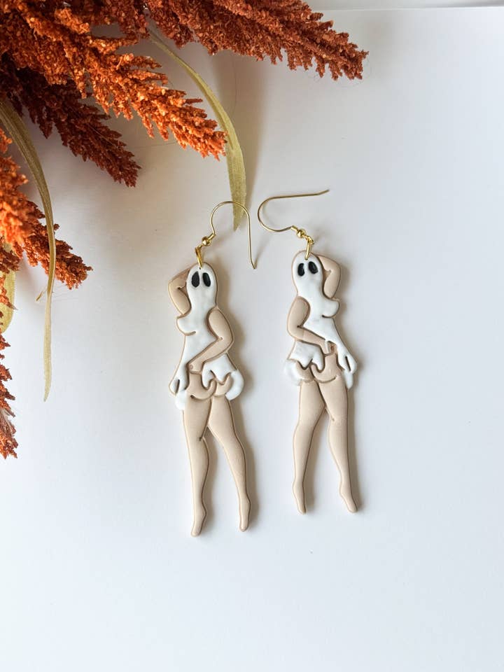 Pin Up Ghost Earrings: Halloween for wholesale by Mountain Made Clay - Handmade Polymer Clay Earrings