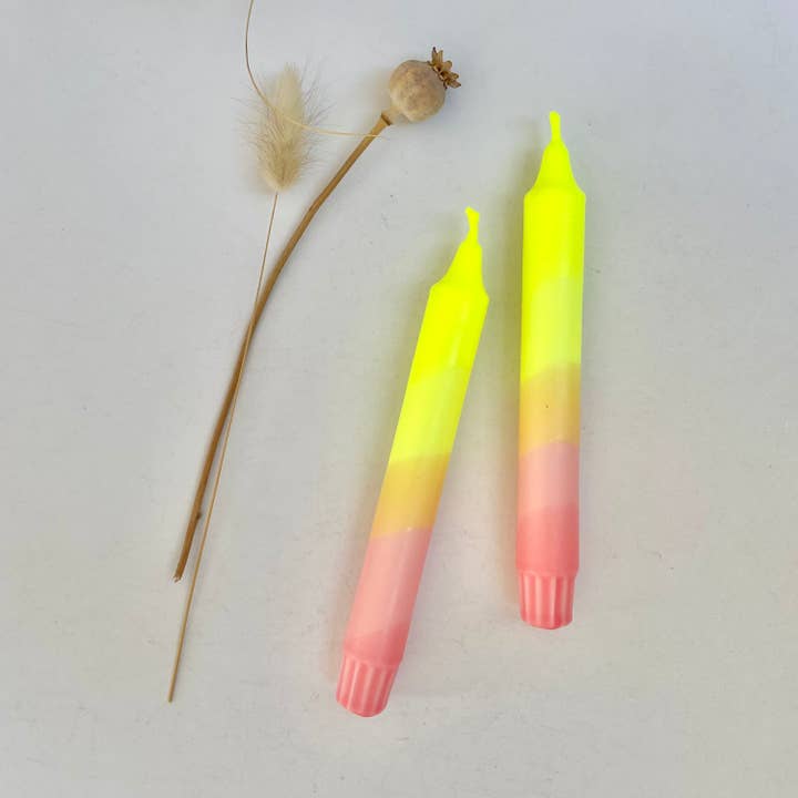 Neon Yellow and Sherbert Pink Dip Dyed Dinner Candles for wholesale by The Singing Rabbit