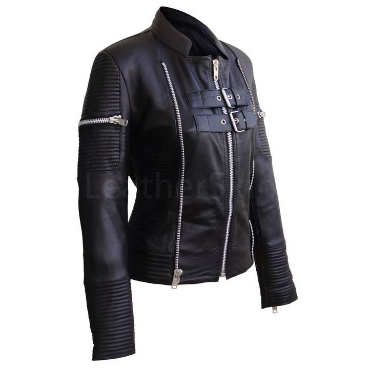 Chaqueta de piel de oveja acolchada Brando negra para mujer para venta al por mayor de Leather Skin Shop