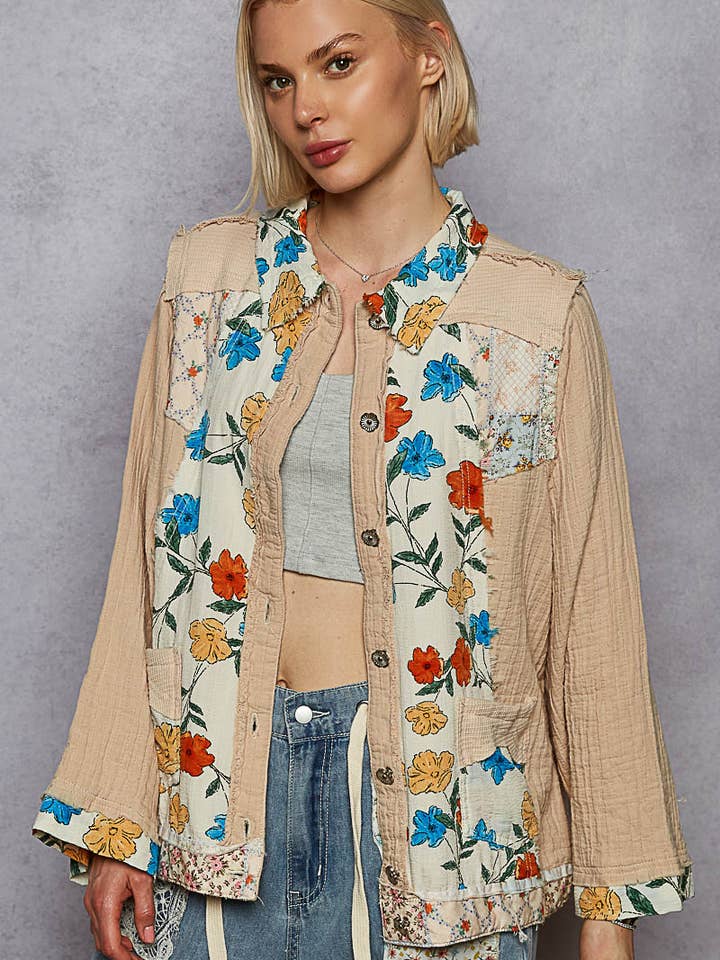 Long sleeve double gauze contrast printed floral jacket for wholesale by Pol Clothing