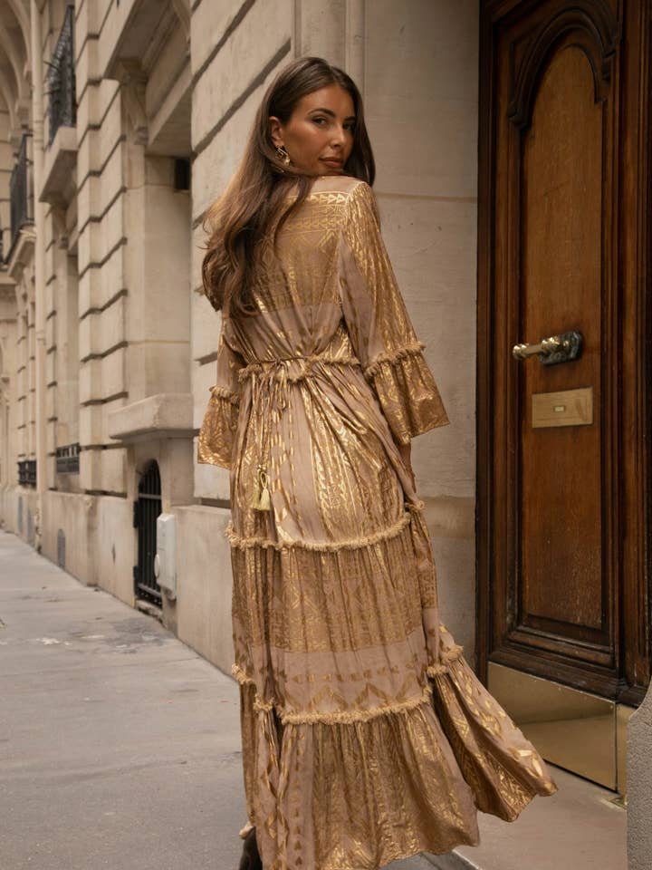 Green Long upstairs dress, with gold geometric print pattern for wholesale on Faire