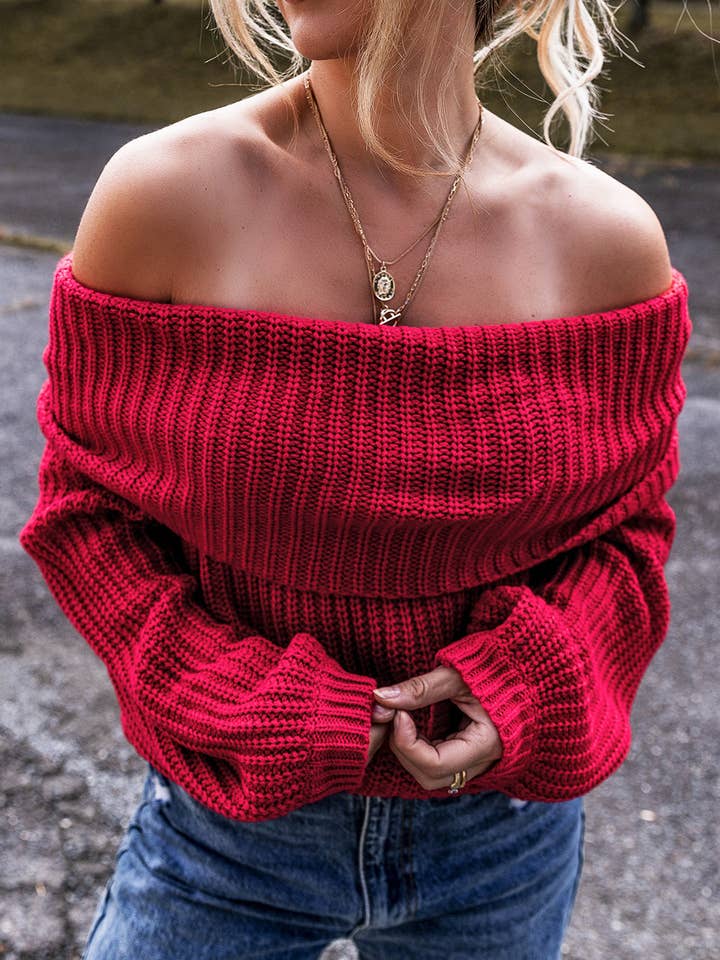 Racing Red Solid Off Shoulder Sweater for wholesale on Faire