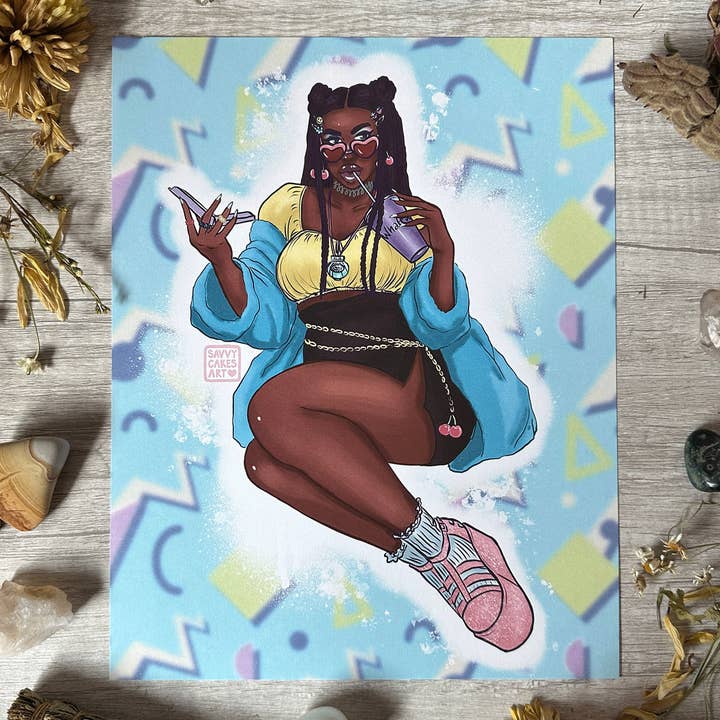 💖 Impresión de Arte Pin-Up de los 90 – Disponible en 8x10" y 5x7" para venta al por mayor de Rainbow Coven Designs