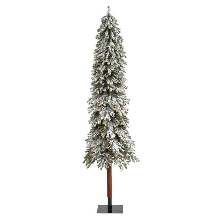 8’ Flocked Grand Alpine Artificial Christmas Tree with 500 Clear Lights and 1051 Bendable Branches on Natural Trunk for wholesale by Silk Flower Depot