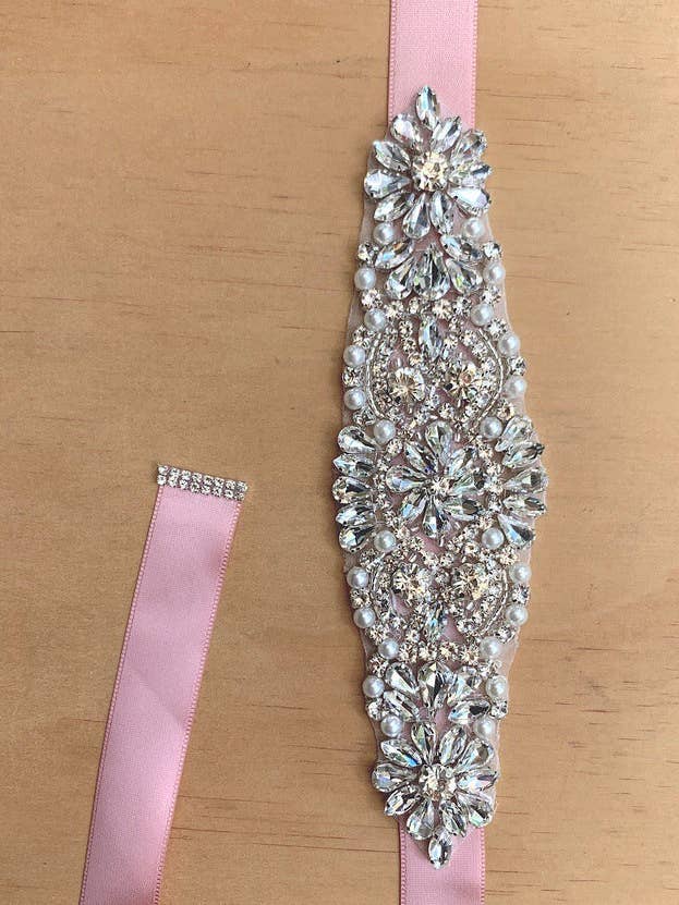 Girls Diamante Sash Belt - Dusty Pink - Silver Diamantes for wholesale by A Little Lacey