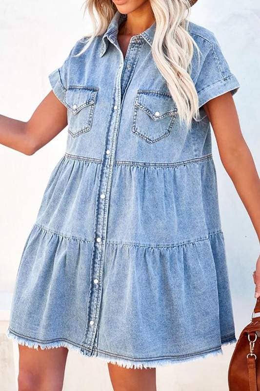 JEANS Vestido Curto de Ganga com Mangas Curtas e Camadas para venda a revendedores na Faire1