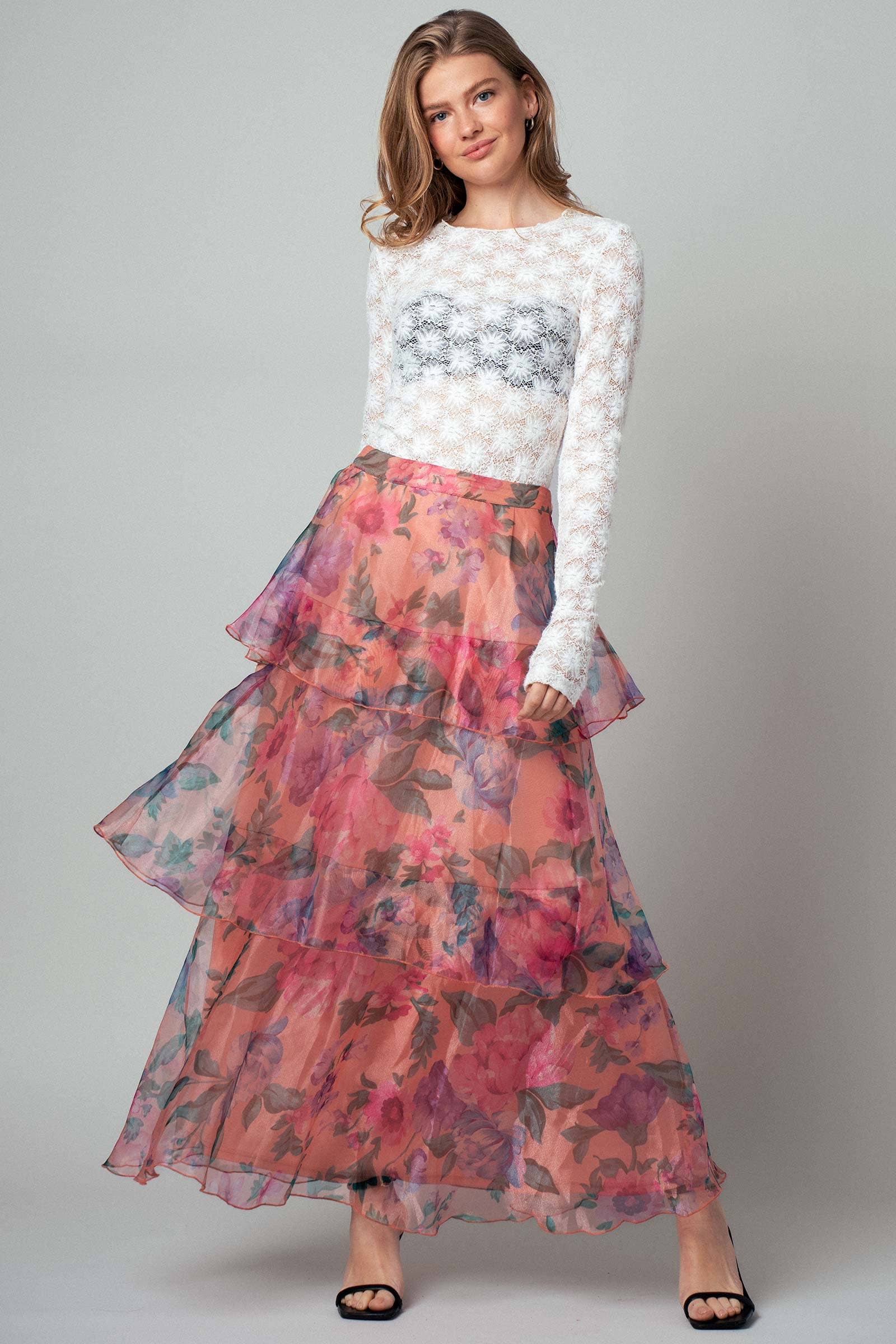PEACH MULTI Sheer Floral Print Tiered Organza Maxi Skirt for wholesale on Faire6