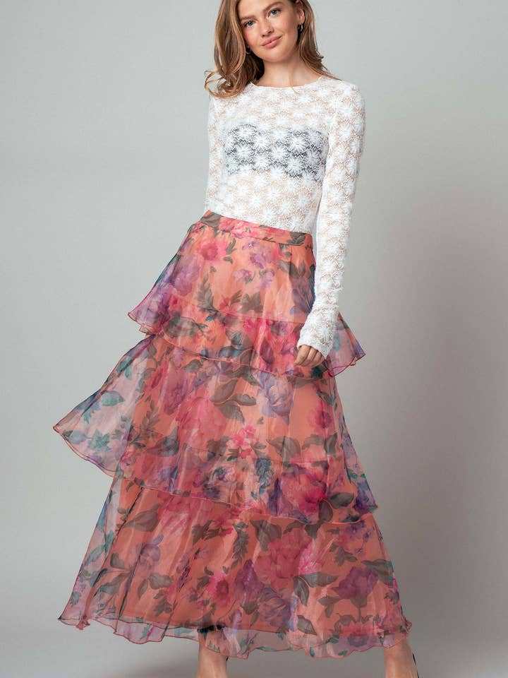 PEACH MULTI Sheer Floral Print Tiered Organza Maxi Skirt for wholesale on Faire6