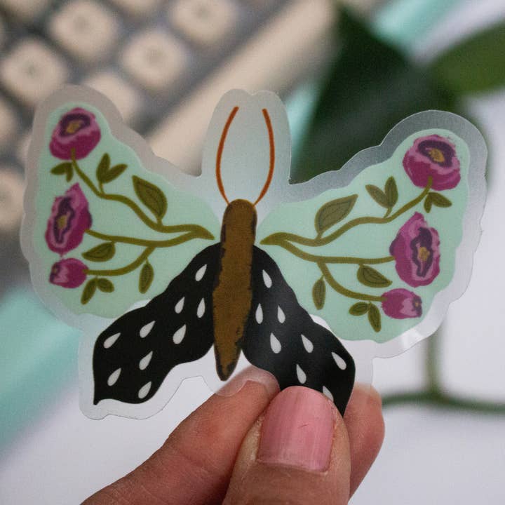 Floral Blue Butterfly Clear Edge Vinyl Sticker for wholesale by Serenata Paper Co