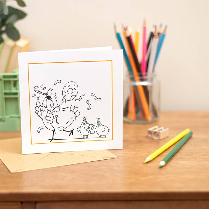 Children's Colouring In Party Chicken - Colouring In Card for wholesale by Sjstationery