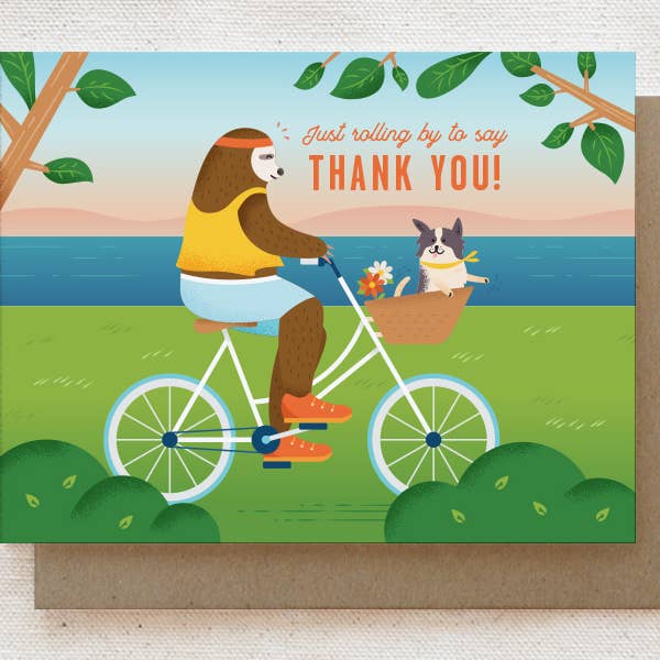 Just Rolling By to Say Thank You - Sloth Thank You Card for wholesale by Quirky Paper Co.