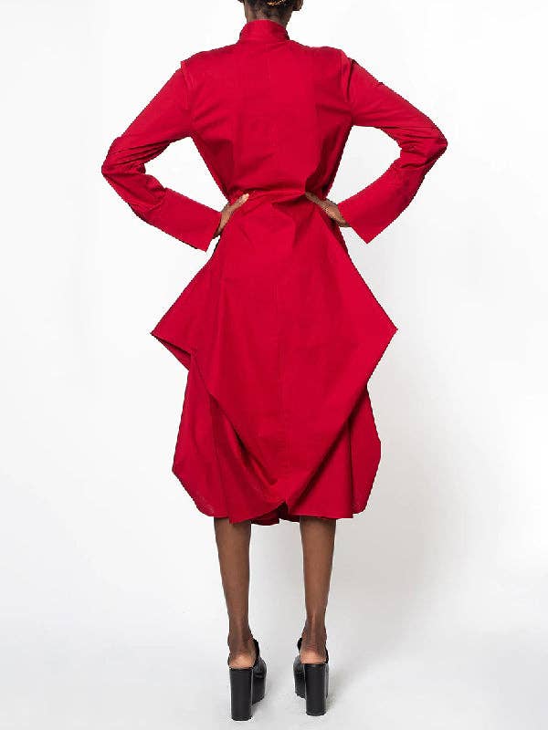 Red Stylish Loose Stand-Collar Long Sleeves Midi Dress for wholesale on Faire4