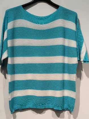 LOOWIE - Wholesale Knit Sweater - Women's - POSTT Turquoise Striped Knit Printed Sweater LOOWIE