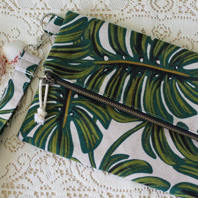 Monstera Foldover Wristlet for wholesale by Two Bridges Handmade