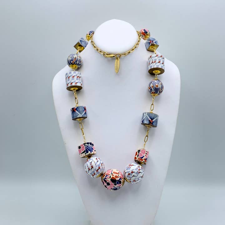 Lenora Dame - Wholesale Beaded/Pearl Necklace - Folk Art Linked Wooden Bead Necklace6