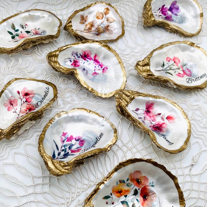 Floral Handcrafted Oyster Shell Ring Dishes - Variety Pack for wholesale by Gigi’s Art Studio