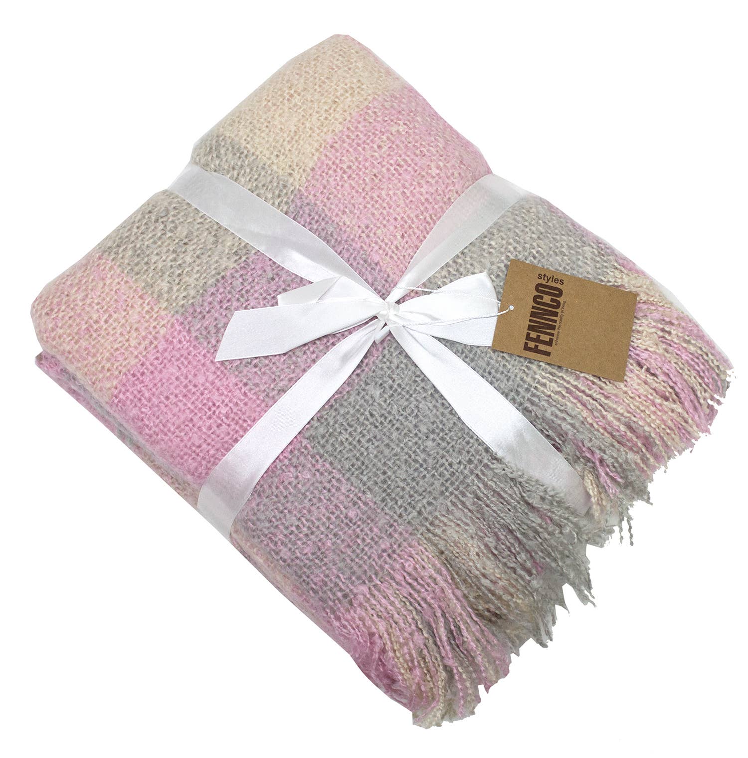 Fennco Styles - Wholesale Throw Blanket - Pink-Multi Faux Mohair Plaid Fringed Throw Blanket3