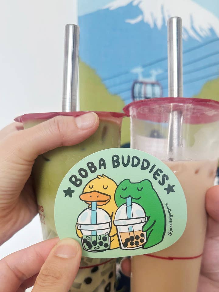 Boba Bubble Milk Tea Copains Grenouille Canard Mignon Kawaii Nourriture AAPI pour la vente par Jennifer Yung Art