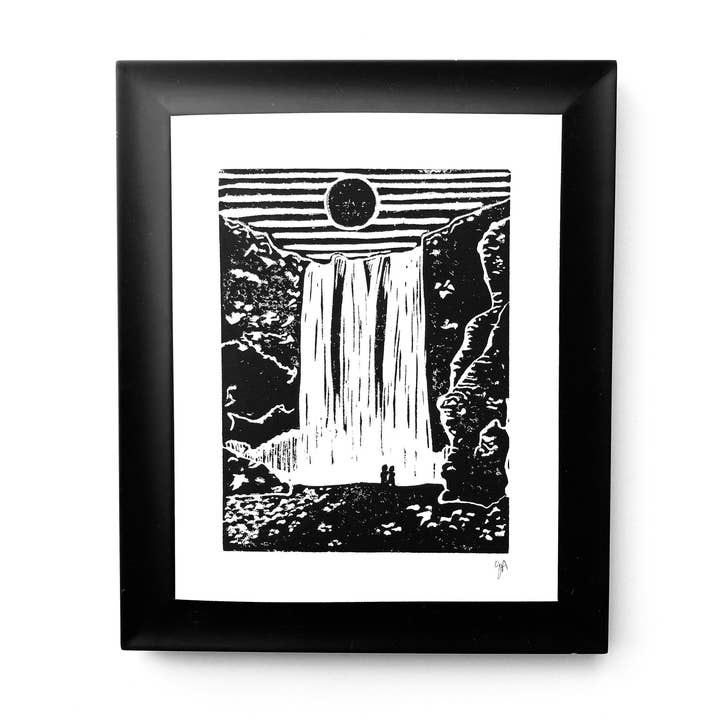 Skógafoss Waterfall, Iceland - Linocut print (8x10in) for wholesale by The Big Harumph