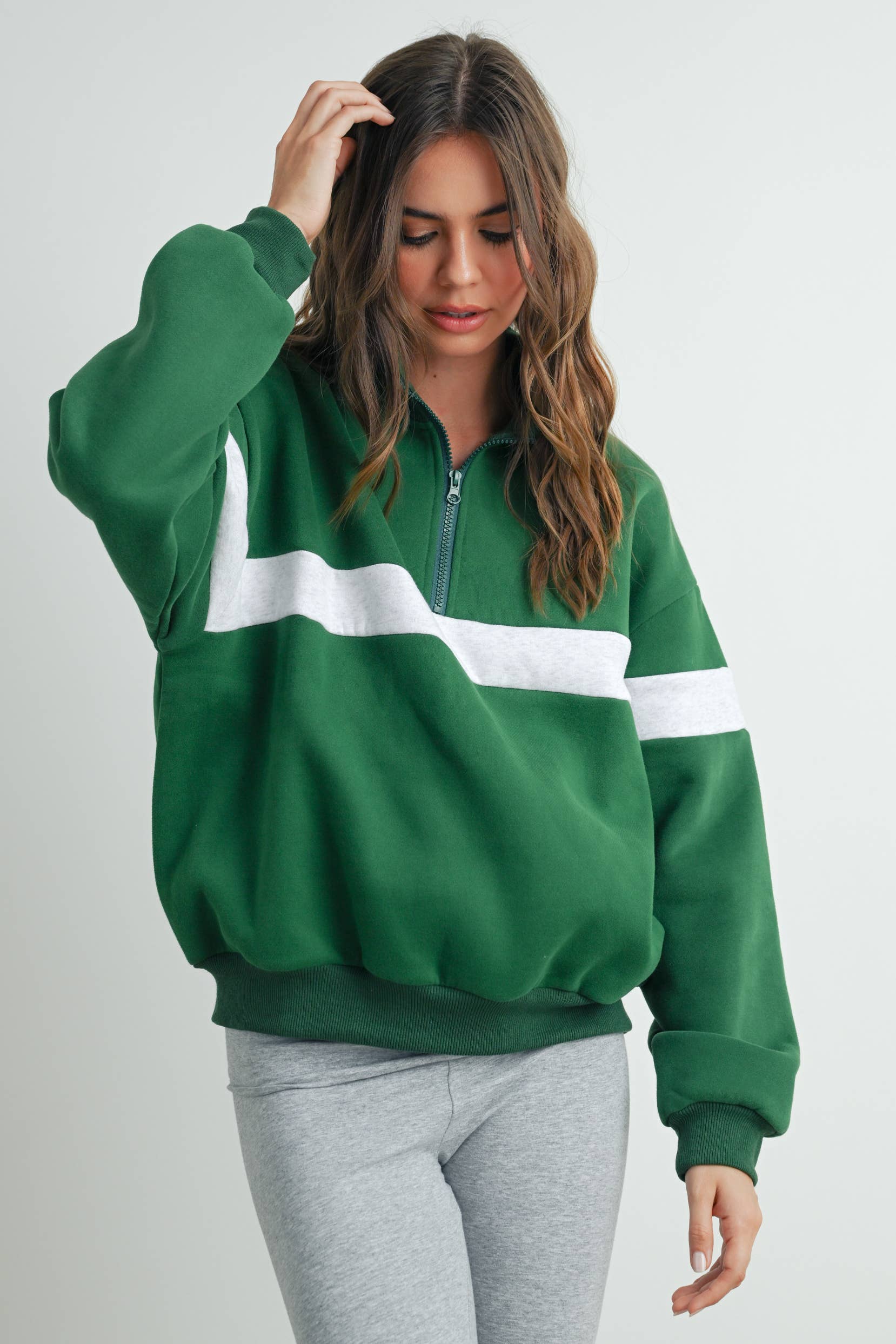 BUTTERMELON - Wholesale Sweatshirt - Women's - Two-Toned Half Zip Collar Sweatshirt - BMT753550