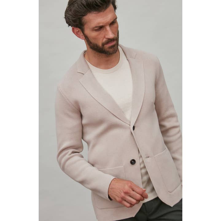 Blazer da uomo lavorato a maglia decostruito in cotone di peso medio per la vendita all'ingrosso da parte di Paul James Knitwear