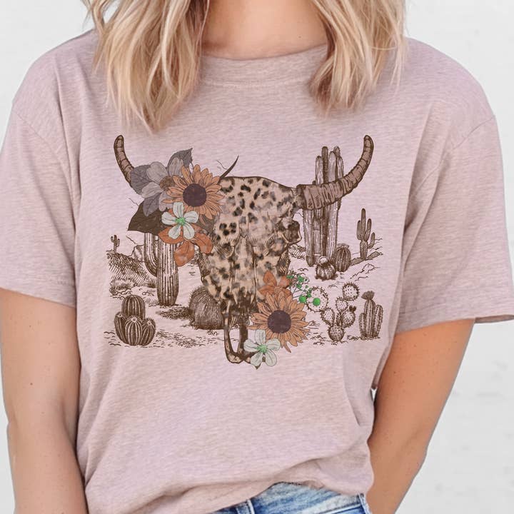 Western Cow Skull Graphic Tee Floral Leopard Cow Skull Tees for wholesale by Par.tees by Party On!