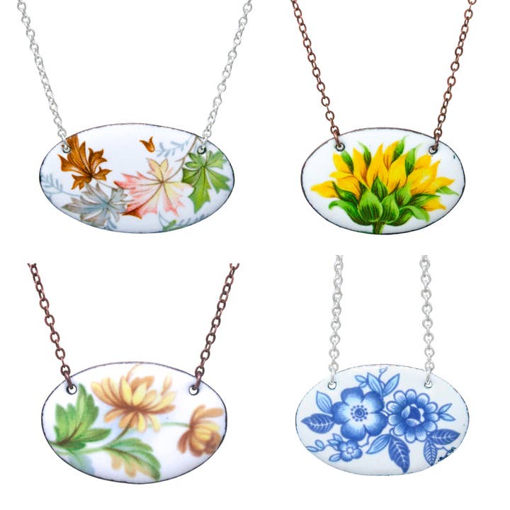 Oval Floral Necklace, Assorted. Vintage on enameled copper for wholesale by Rising Jewelry