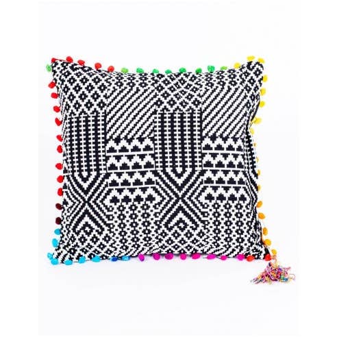 Kimago's Home - Wholesale Throw Pillow Cover - Black and White Printed Cushion Cover with Pompoms2