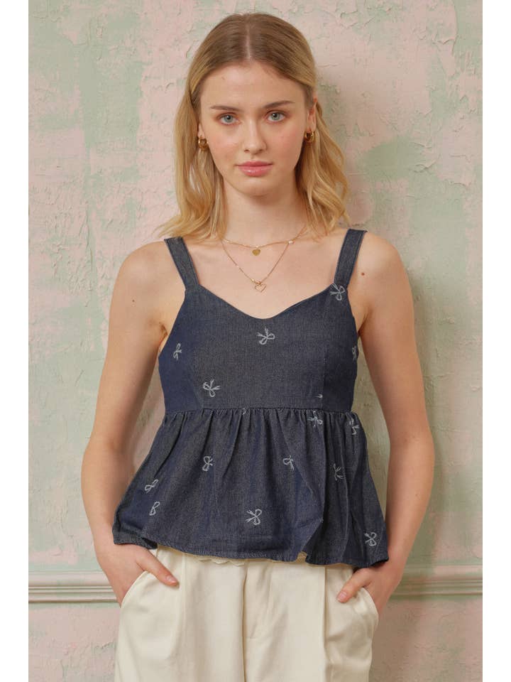ROSIE POSIE - Wholesale Blouse - Women's - RP2716 - Denim Bow Detail Babydoll Top1
