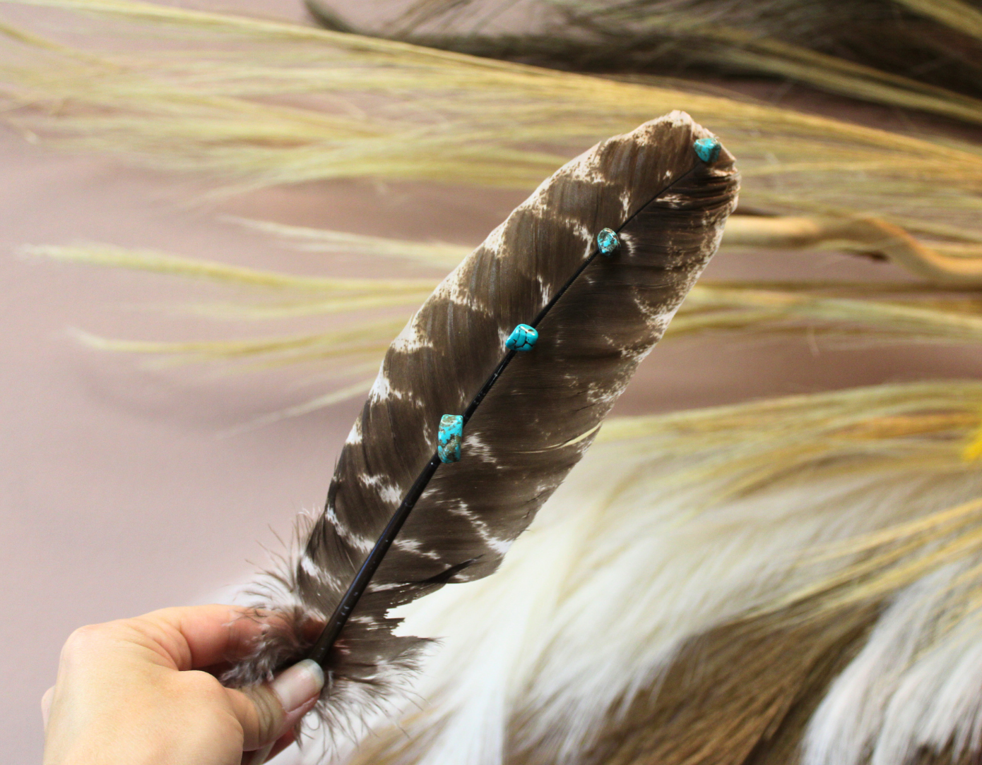 Wildflowers and Barley - Wholesale Feathers - Hand-Studded Natural Barred Turkey Feather with Turquoise Howlite1