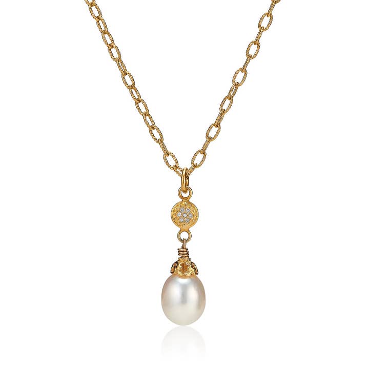 Collar grande de perlas doradas en forma de lágrima con pavé de diamantes para venta al por mayor de Anatoli Jewelry