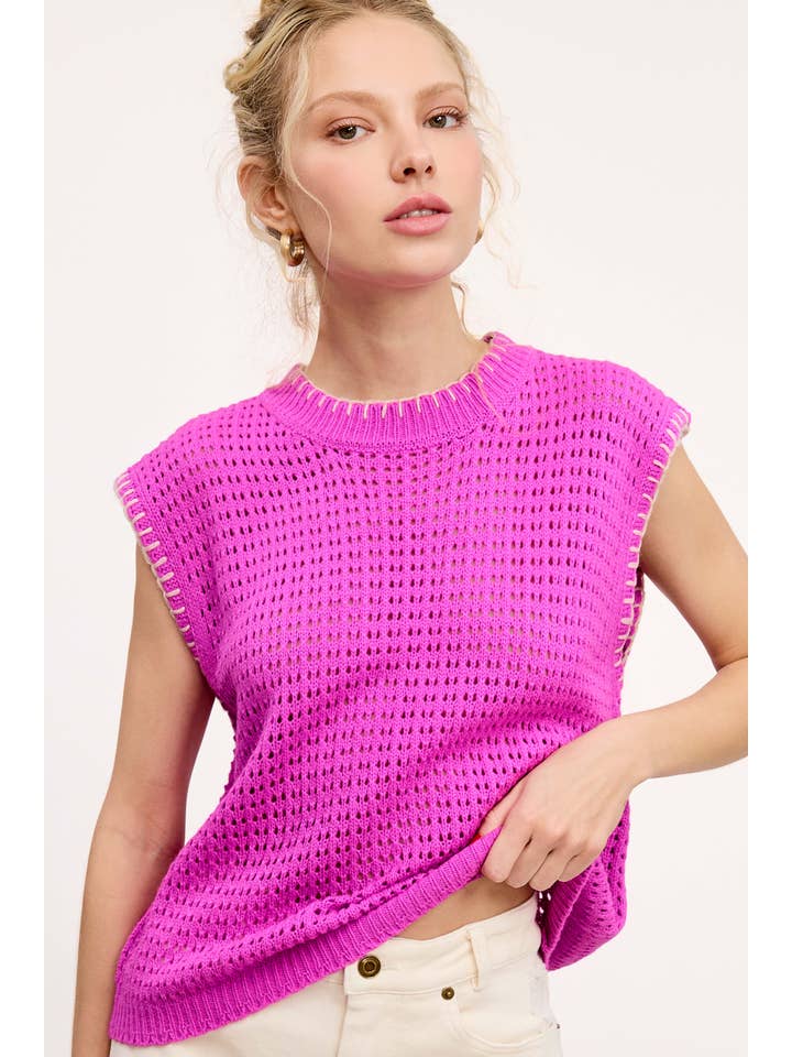 La Miel - Wholesale Sweater Vest - Women's - MDS3597-Crochet Knit Stitching Detailed Sleeveless Top