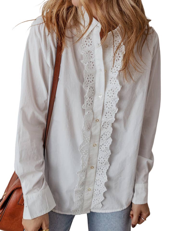 White Eyelet Lace Trim Buttoned Shirt for wholesale on Faire