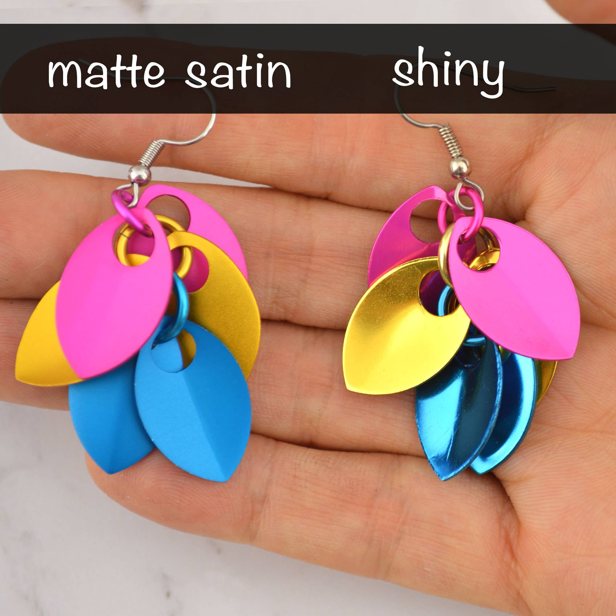 Rebeca Mojica Jewelry - Wholesale Dangle Earrings - Pansexual Pride - Cascading Leaves Short Earrings3