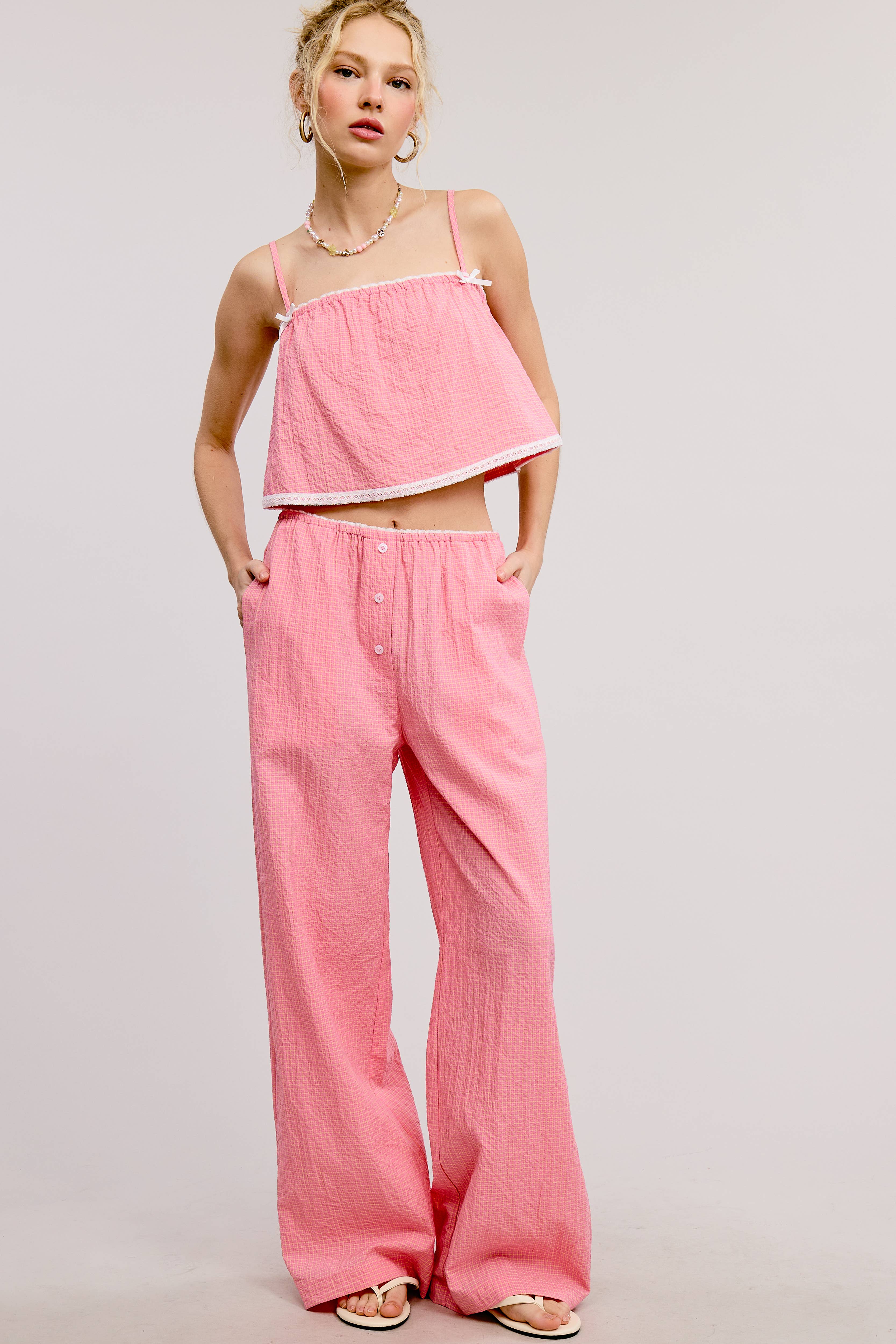 Mimosa - Wholesale Top & Pant Set (NOT Loungewear) - Women's - Plaid Lace Trim Tank and Pants Matching Set4