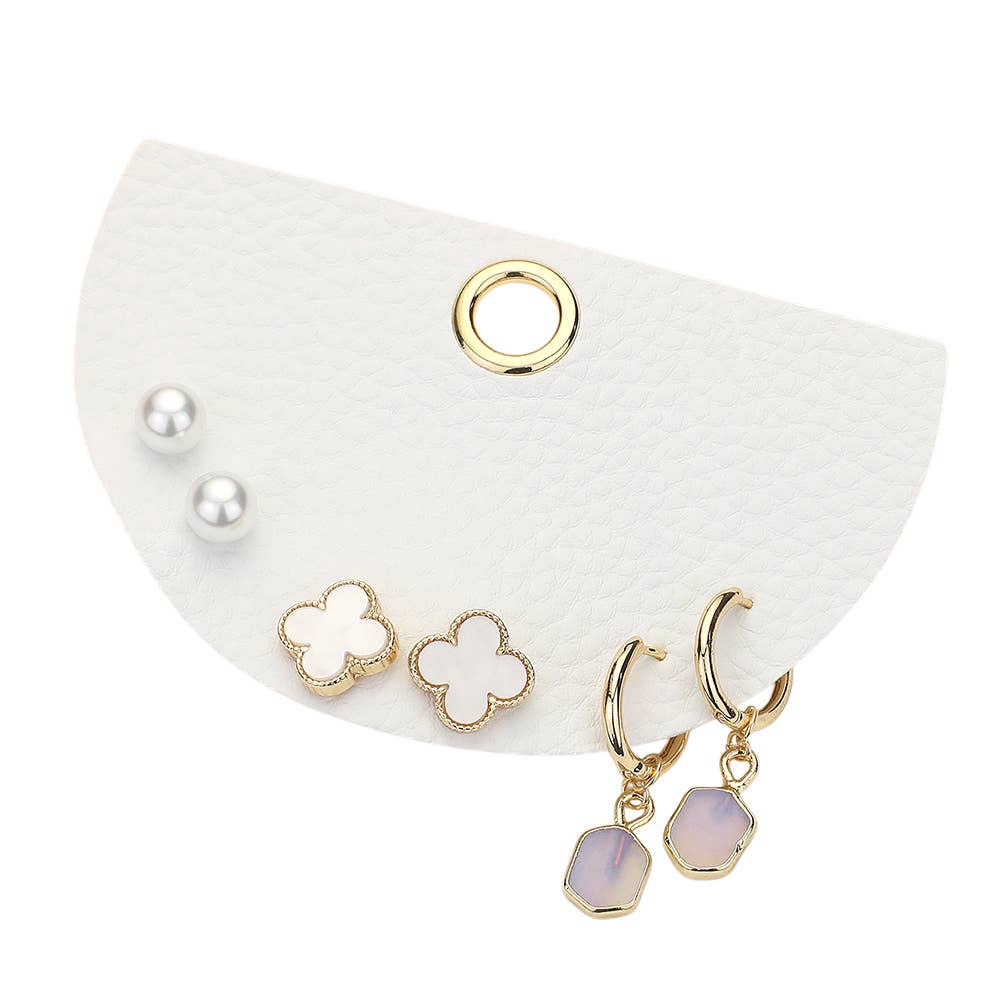 Sensibling Corp. – wholesale Smycken – 3 par - Quatrefoil Pearl Stud natursten dinglande örhängen9